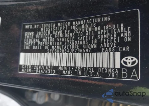2018 Toyota Corolla Xle from USA, damaged, VIN 5YFBURHE4JP796597